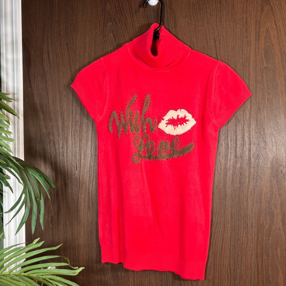 Aristo Y2K Red Knit Turtleneck Top Small With Love Lips Graphic